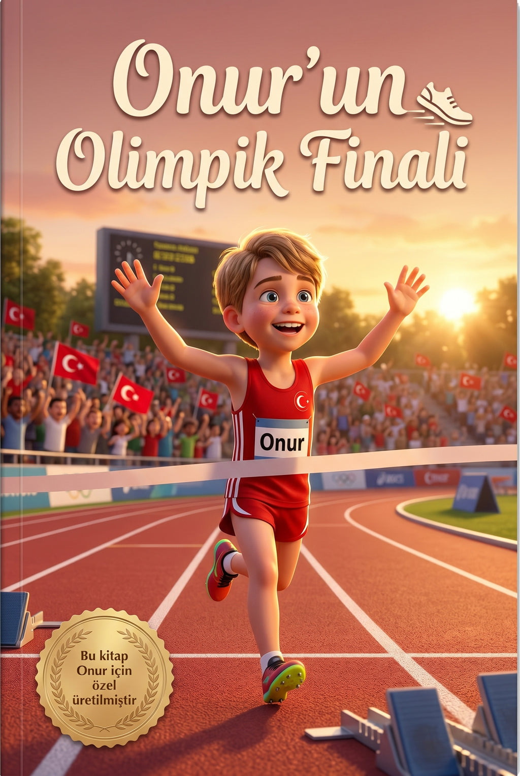 Onur'un Olimpik Finali kişiye özel çocuk kitabı ön kapağı — altın madalyalı Pixar kalitesinde illüstrasyon.