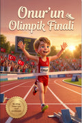 Onur'un Olimpik Finali kişiye özel çocuk kitabı ön kapağı — altın madalyalı Pixar kalitesinde illüstrasyon.