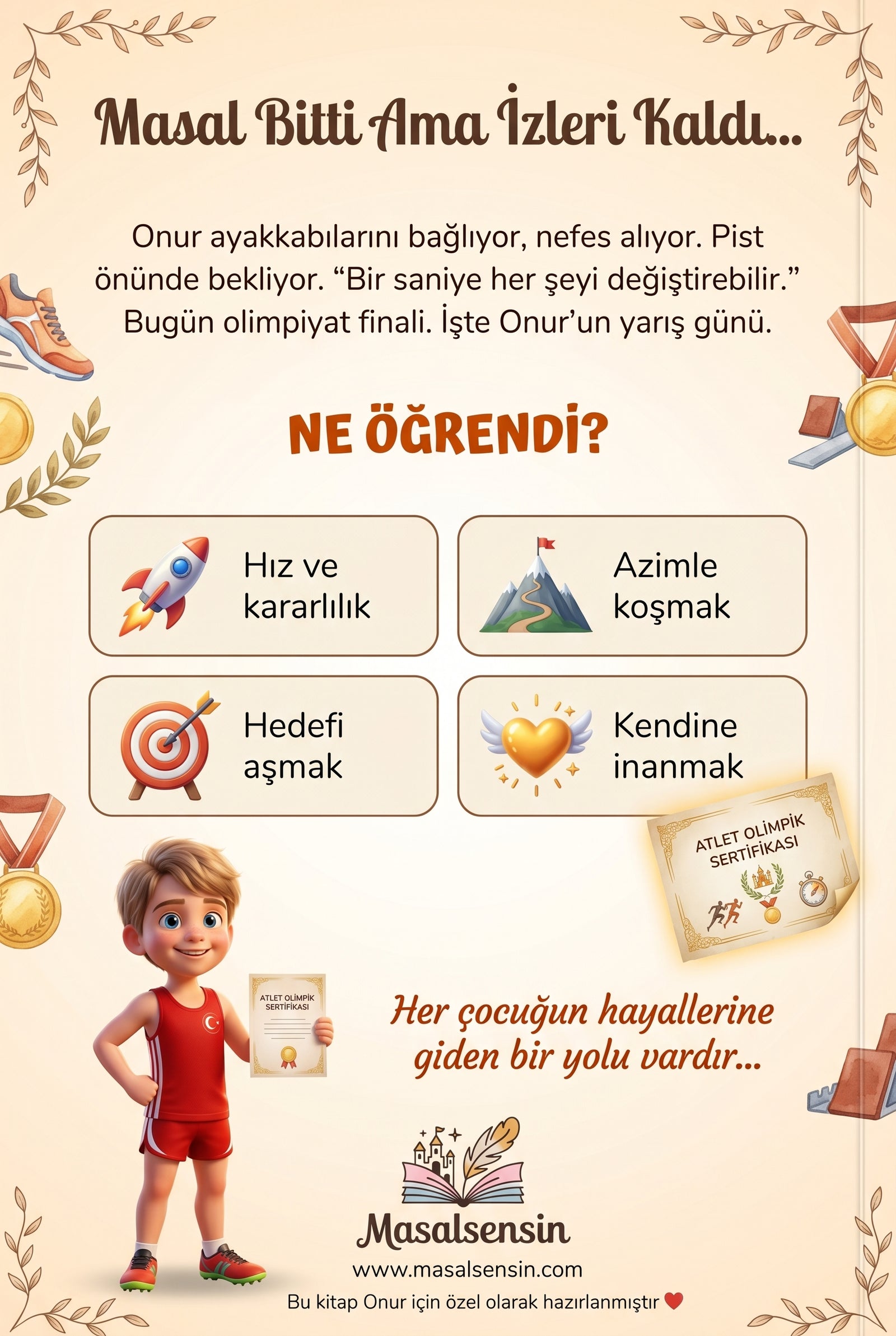 Onur isimli meslek kitabının arka kapağı — azimle koşmak ve özgüven kazanımları detay listesi.