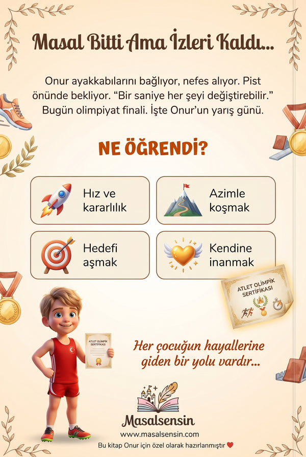 Onur isimli meslek kitabının arka kapağı — azimle koşmak ve özgüven kazanımları detay listesi.
