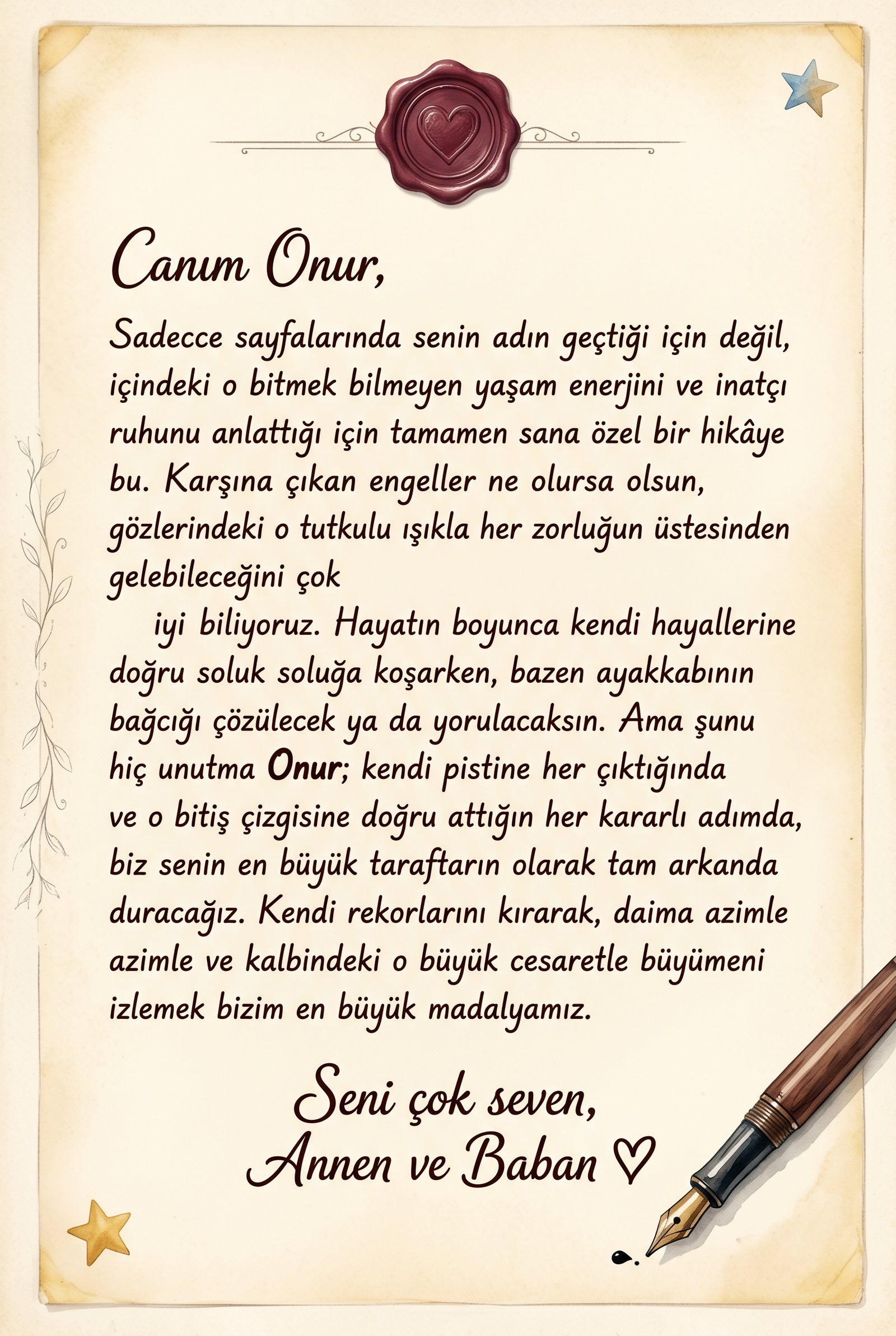 Onur'a özel yazılmış kişiselleştirilmiş sevgi notu sayfası — doğum günü hediyesi için anlamlı mesaj alanı.