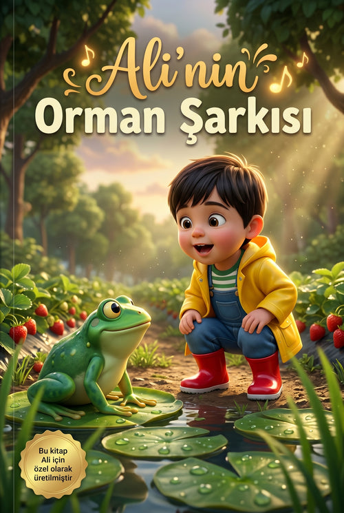 Ali'nin Orman Şarkısı kişiye özel çocuk kitabı ön kapağı, kurbağa temalı 3D illüstrasyon