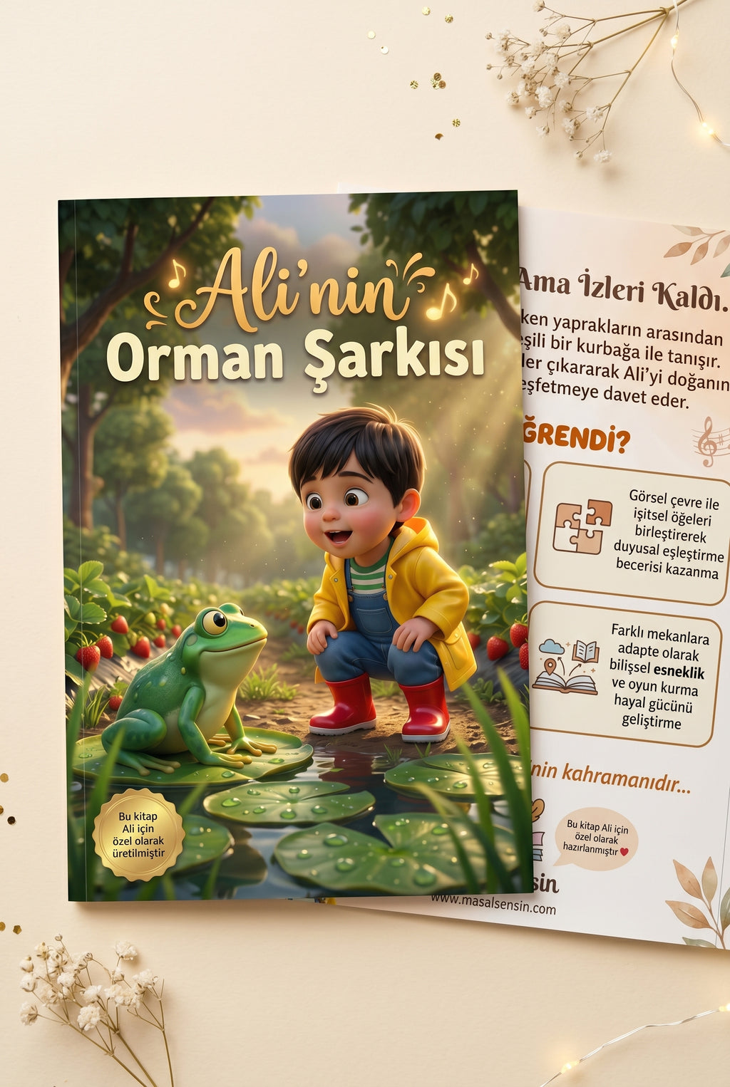 Ali'nin kişiye özel orman hikayesi kitabı ön ve arka kapak birlikte — A4 softcover formatı