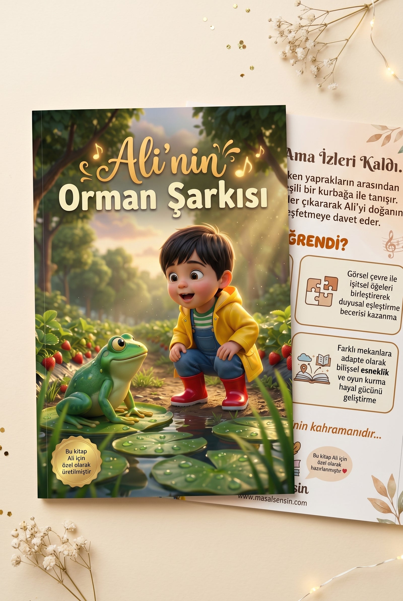 Ali'nin kişiye özel orman hikayesi kitabı ön ve arka kapak birlikte — A4 softcover formatı