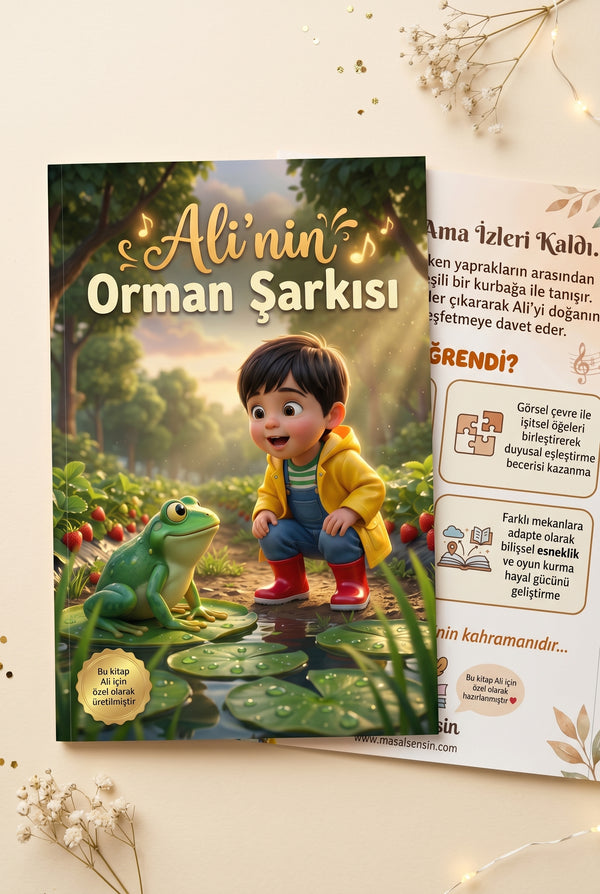 Ali'nin kişiye özel orman hikayesi kitabı ön ve arka kapak birlikte — A4 softcover formatı