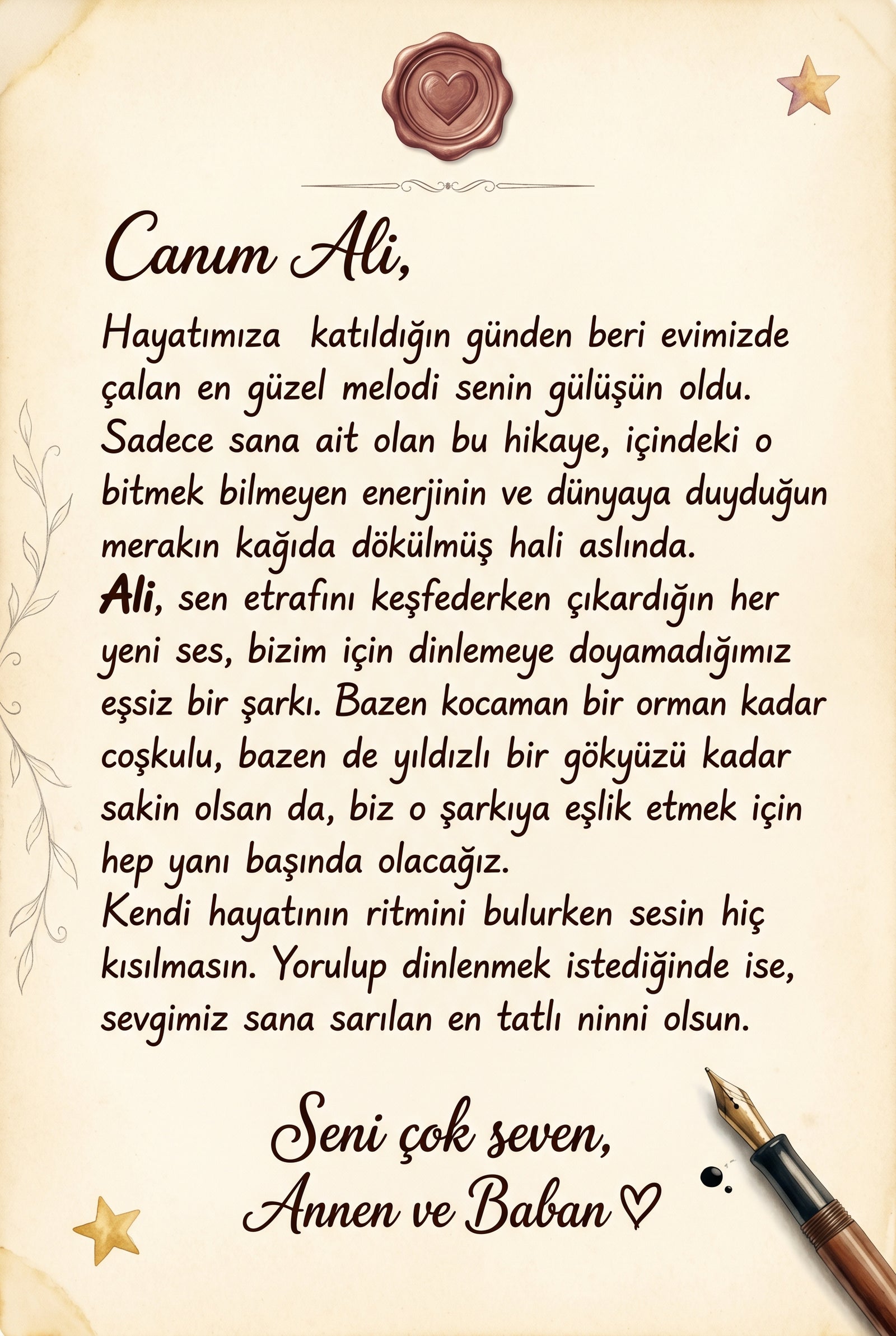 MasalSensin hediye notu sayfası — 1 yaş doğum günü hediyesi için anlamlı mesaj alanı
