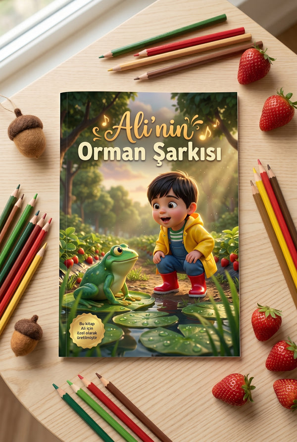 Ali'nin Orman Şarkısı isimli çocuk kitabı ve oyuncak kurbağa figürleri düz zemin çekimi