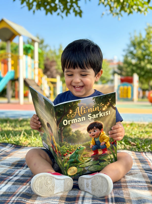 Ali uyumadan önce kendi adının yazılı olduğu masalı okurken — bedtime reading ritüeli