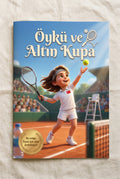 Öykü ve Altın Kupa kişiye özel çocuk kitabı ön kapağı, tenis kortunda Pixar kalitesinde illüstrasyon