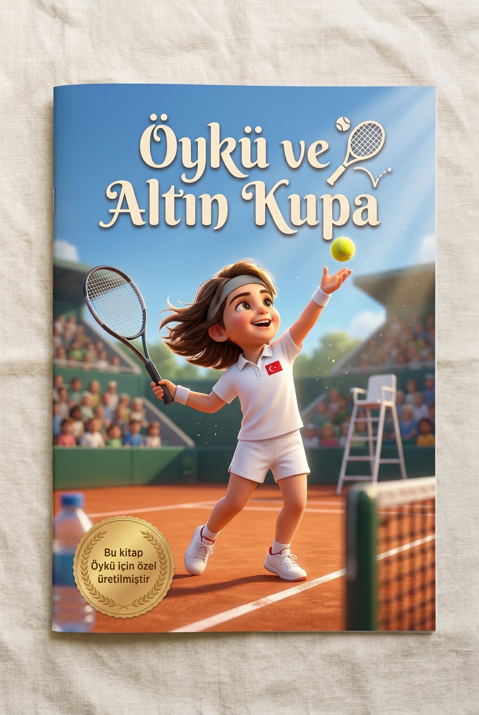 Öykü ve Altın Kupa kişiye özel çocuk kitabı ön kapağı, tenis kortunda Pixar kalitesinde illüstrasyon