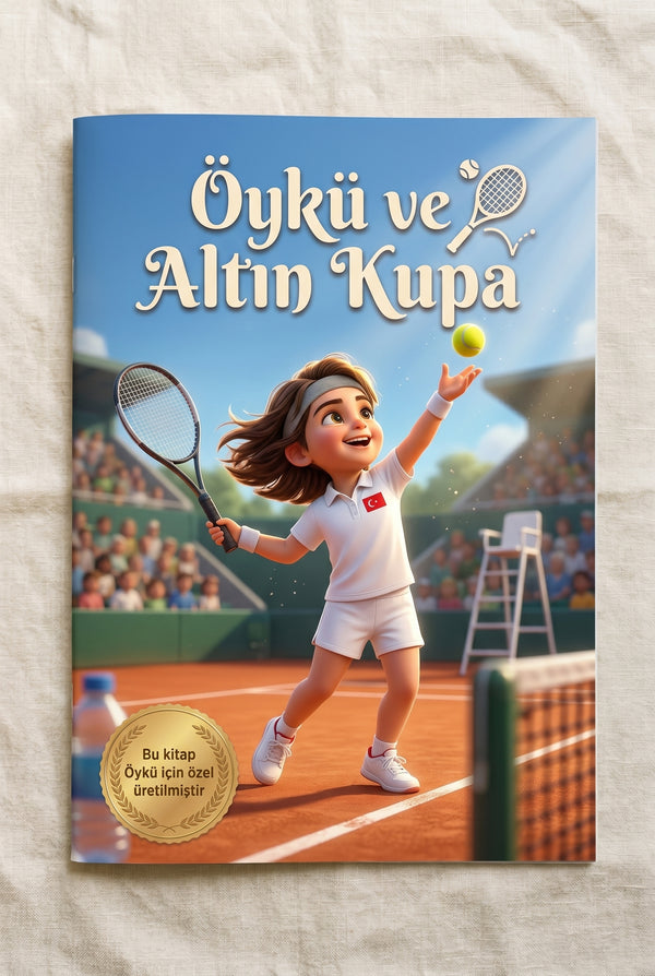 Öykü ve Altın Kupa kişiye özel çocuk kitabı ön kapağı, tenis kortunda Pixar kalitesinde illüstrasyon