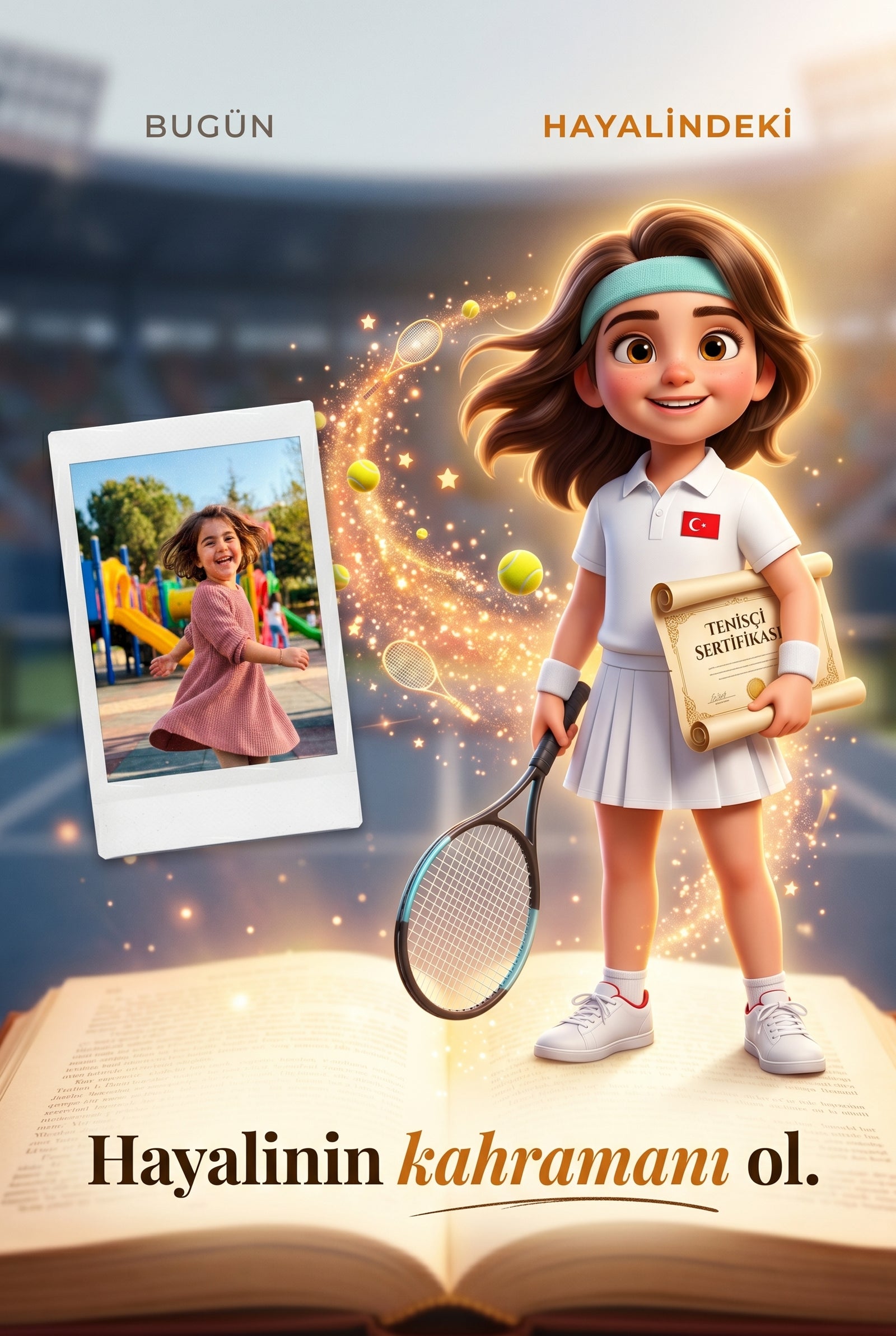 Gerçek fotoğrafın tenisçi Öykü karakterine 3 boyutlu Pixar tarzı benzersiz kişiye özel dönüşümü