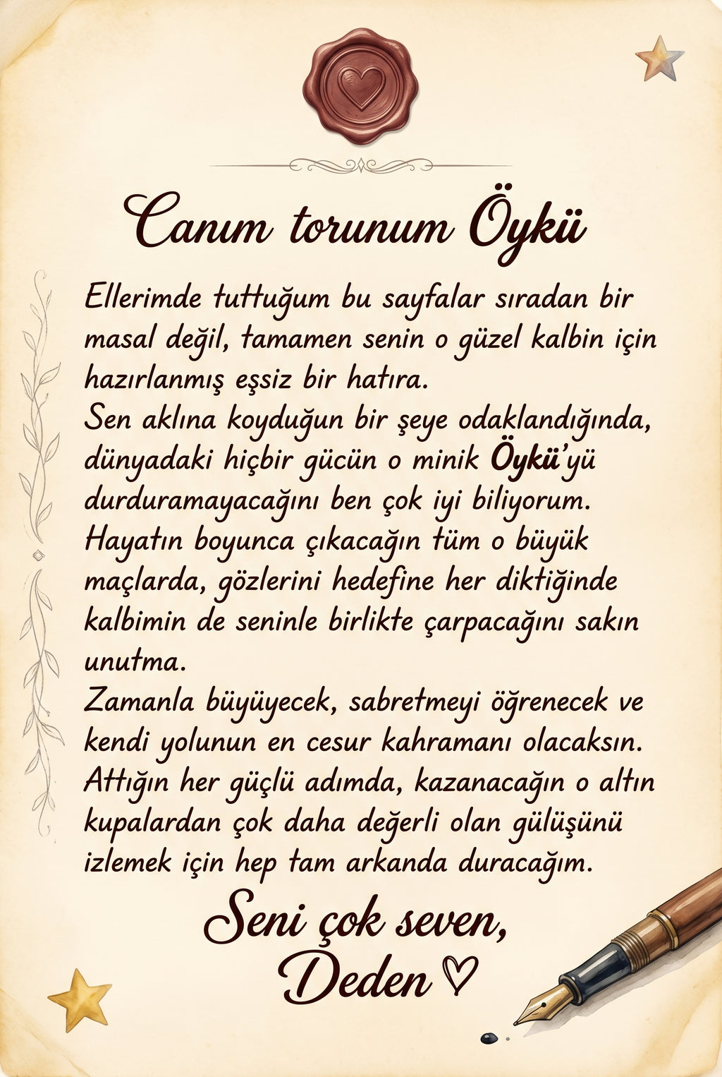 Kitabın ilk sayfasındaki hediye notu alanı, Öykü için yazılmış duygu yüklü doğum günü mesajı