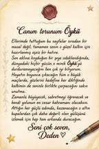 Kitabın ilk sayfasındaki hediye notu alanı, Öykü için yazılmış duygu yüklü doğum günü mesajı