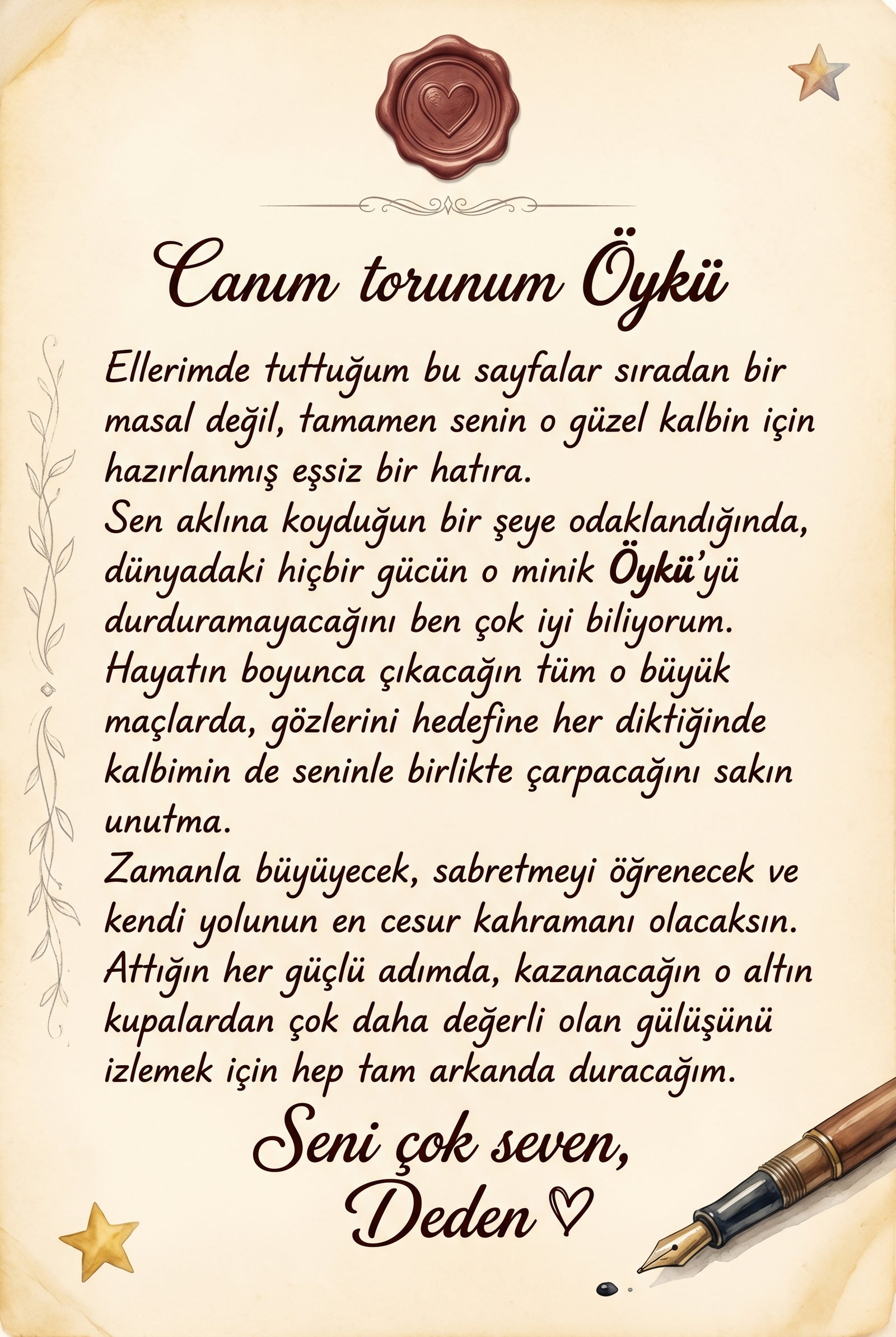 Kitabın ilk sayfasındaki hediye notu alanı, Öykü için yazılmış duygu yüklü doğum günü mesajı