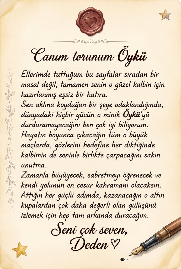 Kitabın ilk sayfasındaki hediye notu alanı, Öykü için yazılmış duygu yüklü doğum günü mesajı