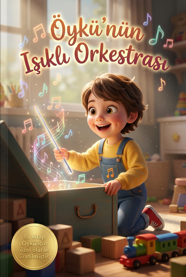 Öykü'nün Işıklı Orkestrası kişiye özel çocuk kitabı ön kapağı, duygu temalı 3D Pixar tarzı illüstrasyon