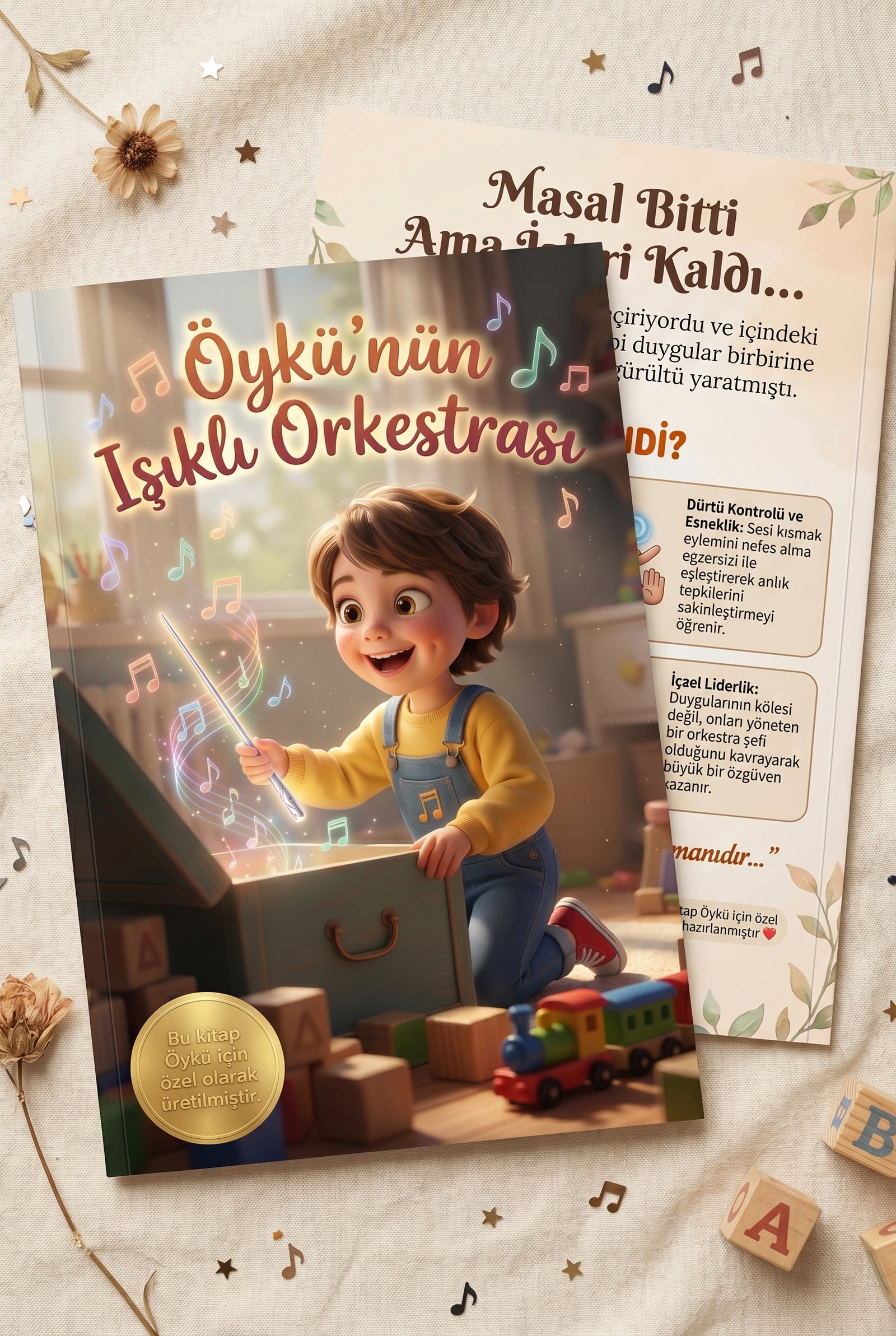 Öykü'nün Işıklı Orkestrası kişiye özel kitabı ön ve arka kapak birlikte, ergonomik A4 yumuşak kapak formatında