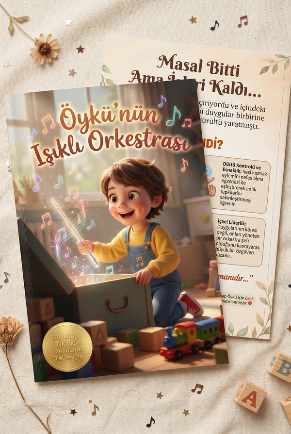 Öykü'nün Işıklı Orkestrası kişiye özel kitabı ön ve arka kapak birlikte, ergonomik A4 yumuşak kapak formatında