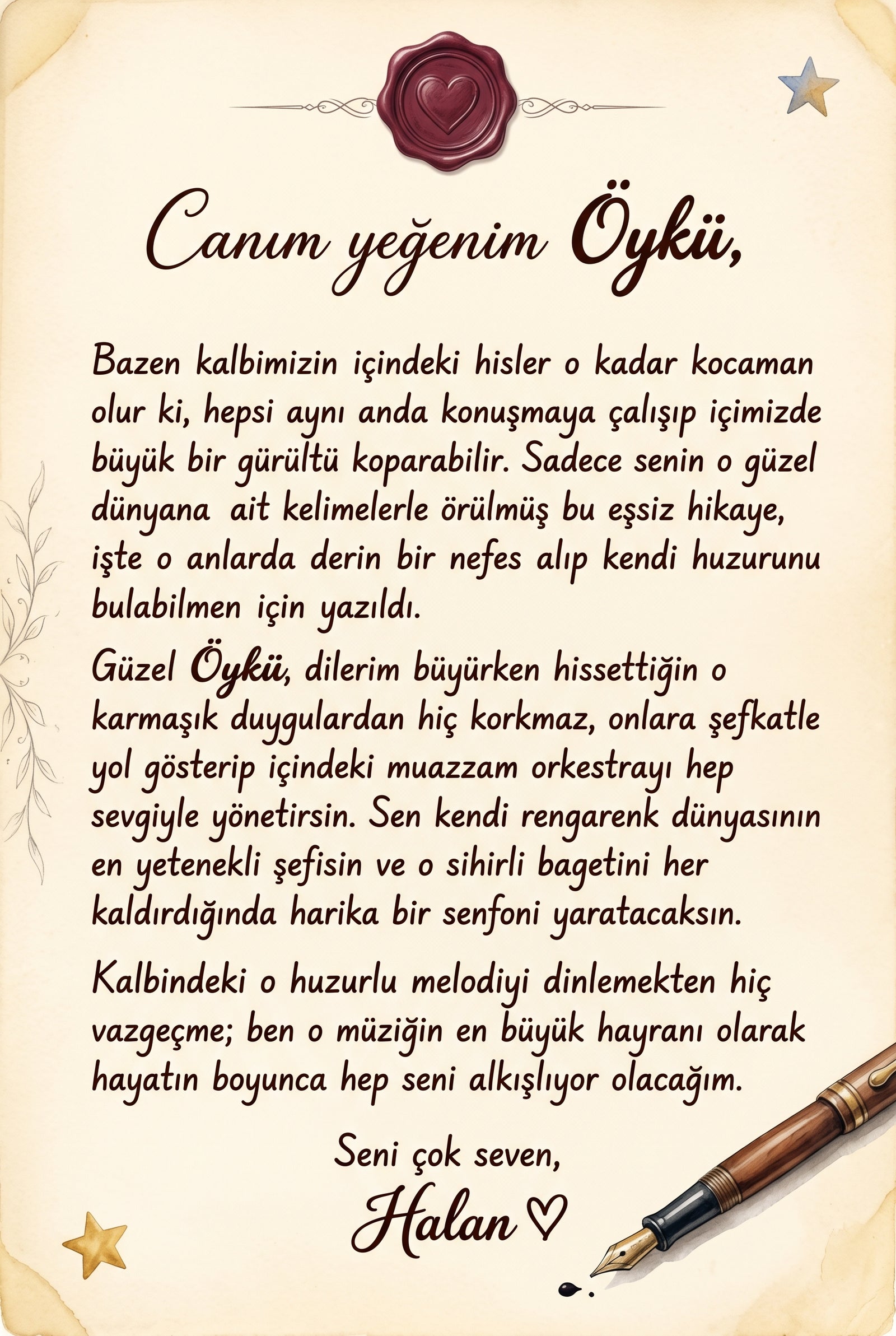 MasalSensin hediye kitabının ilk sayfasında aileden Öykü'ye özel yazılmış sevgi dolu anı ve ithaf notu
