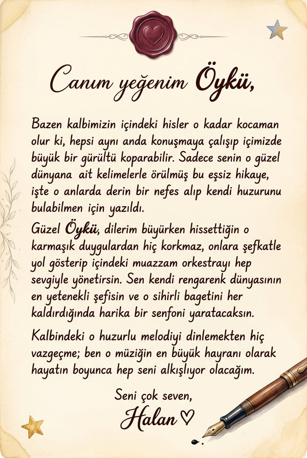 MasalSensin hediye kitabının ilk sayfasında aileden Öykü'ye özel yazılmış sevgi dolu anı ve ithaf notu