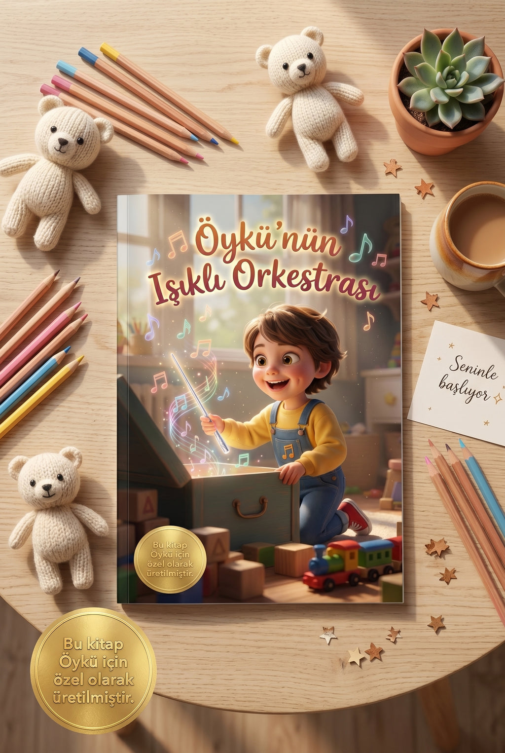 Ahşap masada açık duran kişiye özel çocuk kitabı, etrafında renkli enstrüman oyuncakları ve ışıklı şef bageti