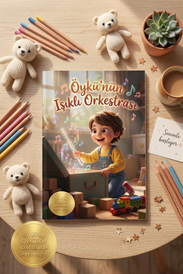 Ahşap masada açık duran kişiye özel çocuk kitabı, etrafında renkli enstrüman oyuncakları ve ışıklı şef bageti