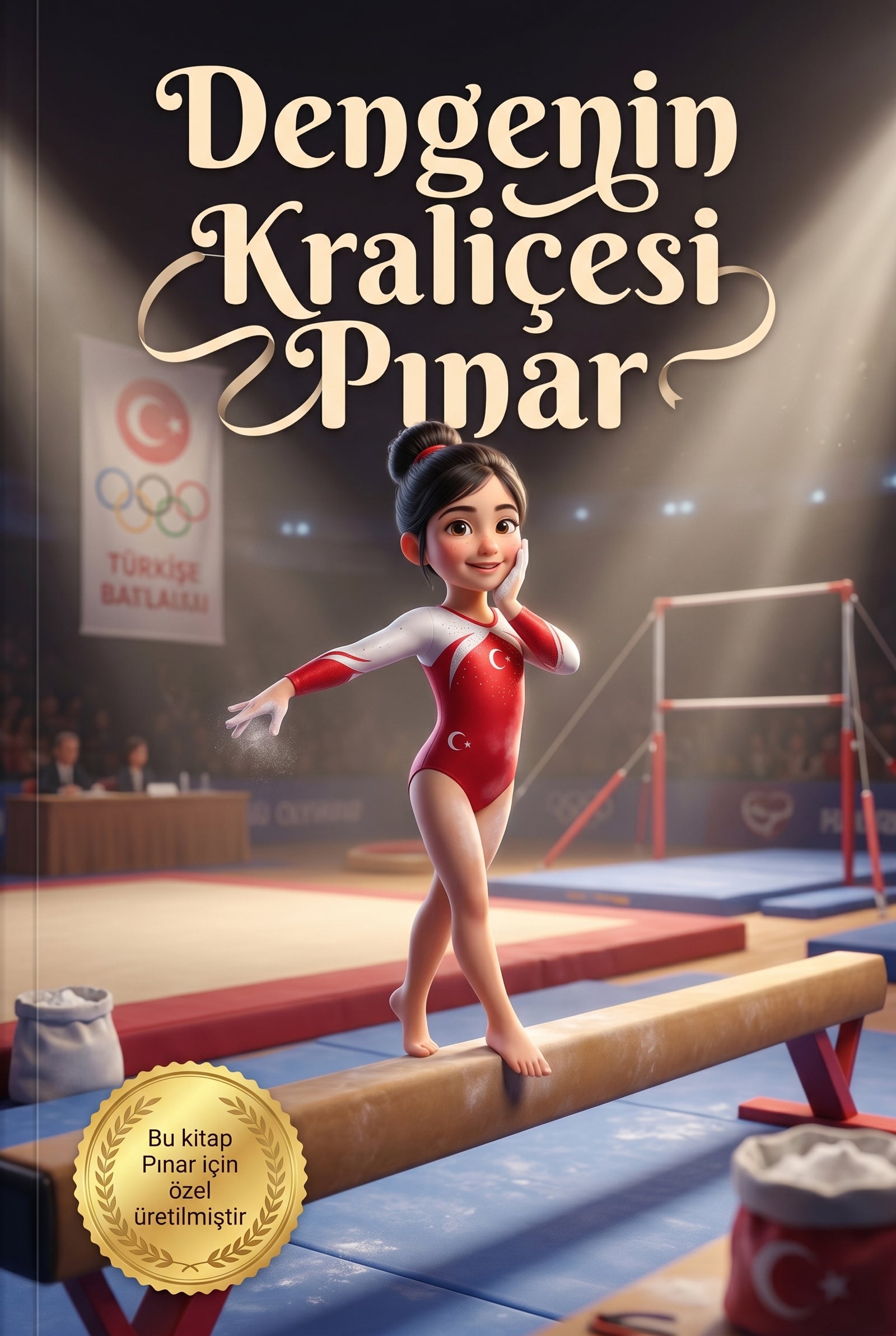 Dengenin Kraliçesi Pınar kişiye özel çocuk kitabı ön kapağı, olimpiyat temalı 3D illüstrasyon