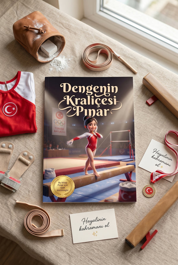 Dengenin Kraliçesi kitabı, tebeşir tozu ve olimpiyat temalı aksesuarlarla düz zemin çekimi