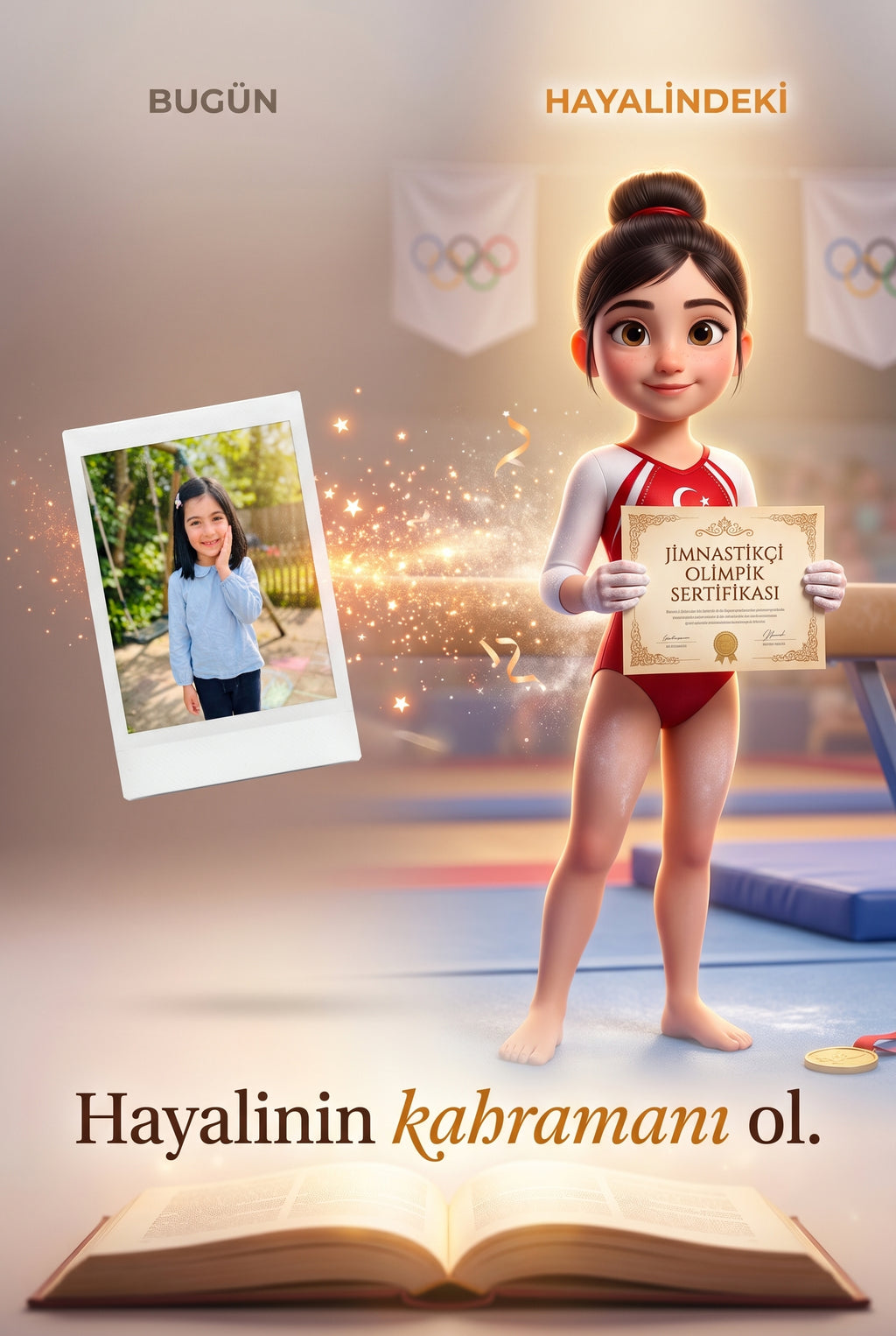 Sıradan bir fotoğrafın kırmızı beyaz mayolu bir jimnastikçi illüstrasyonuna dönüşüm süreci