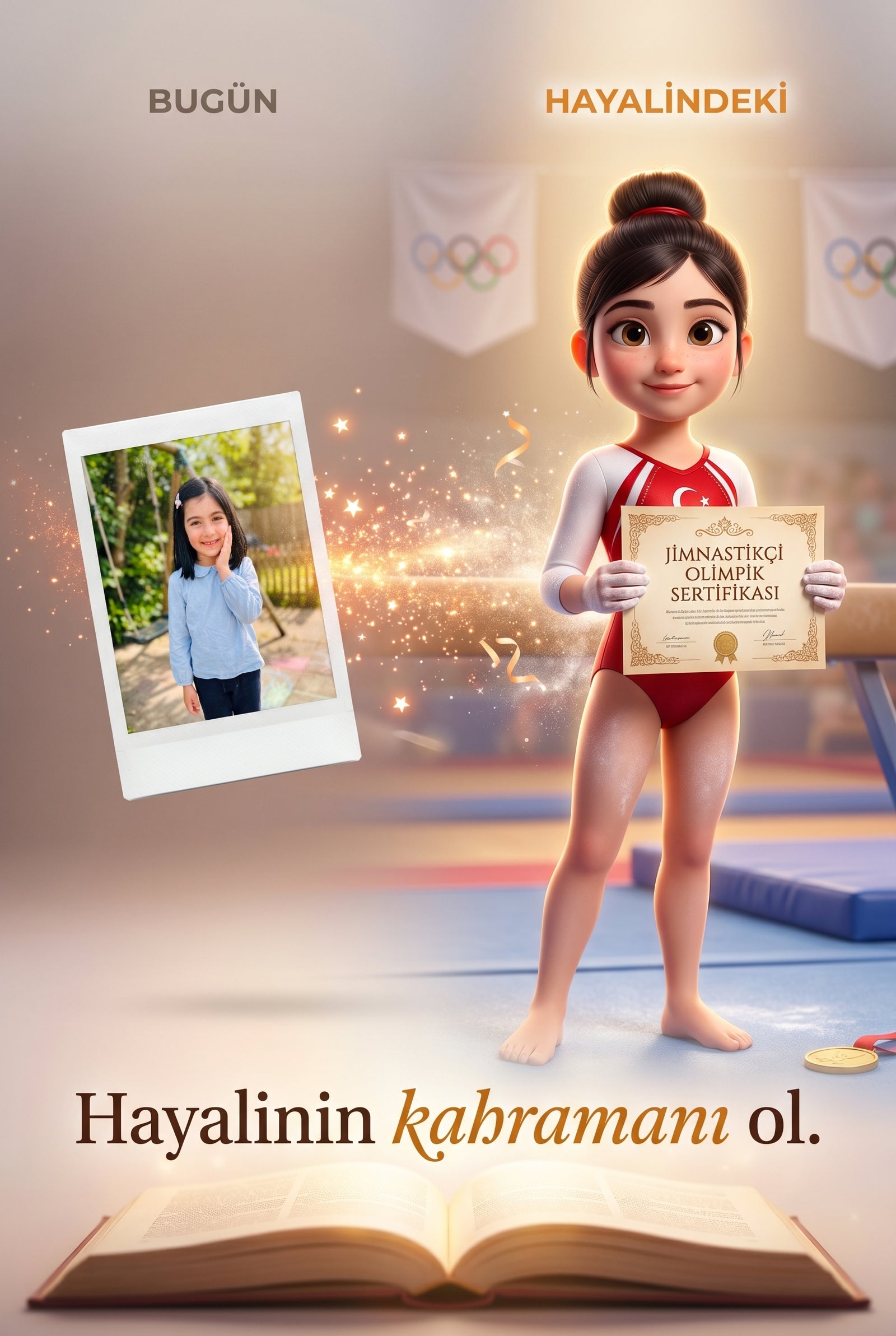Sıradan bir fotoğrafın kırmızı beyaz mayolu bir jimnastikçi illüstrasyonuna dönüşüm süreci