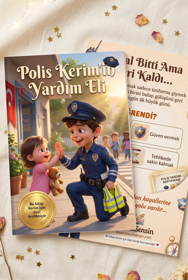 Kerim'in kişiye özel kitabı ön ve arka kapak bir arada — A4 yumuşak kapaklı çocuk kitabı formatı