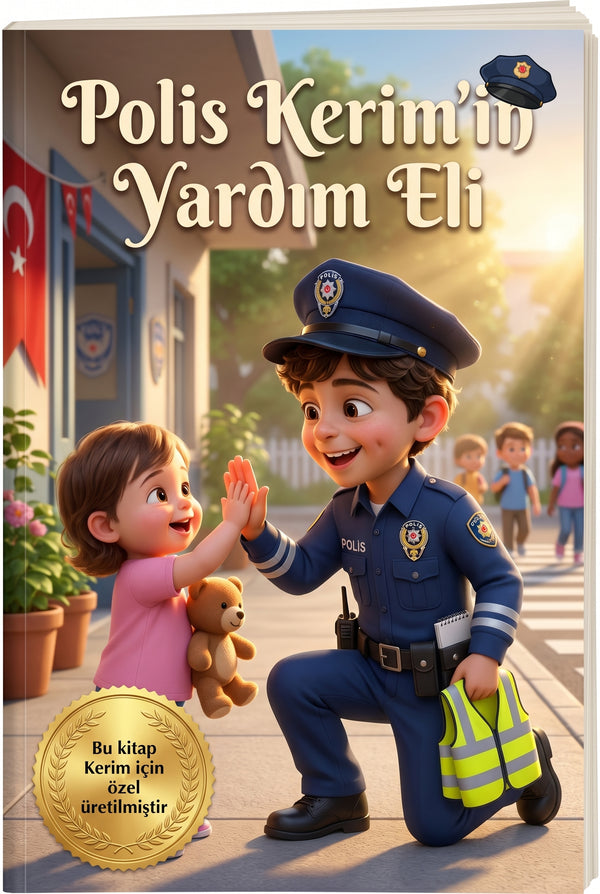 Polis Kerim'in Yardım Eli kişiye özel çocuk kitabı ön kapağı, parkta lacivert üniformalı 3D çizim