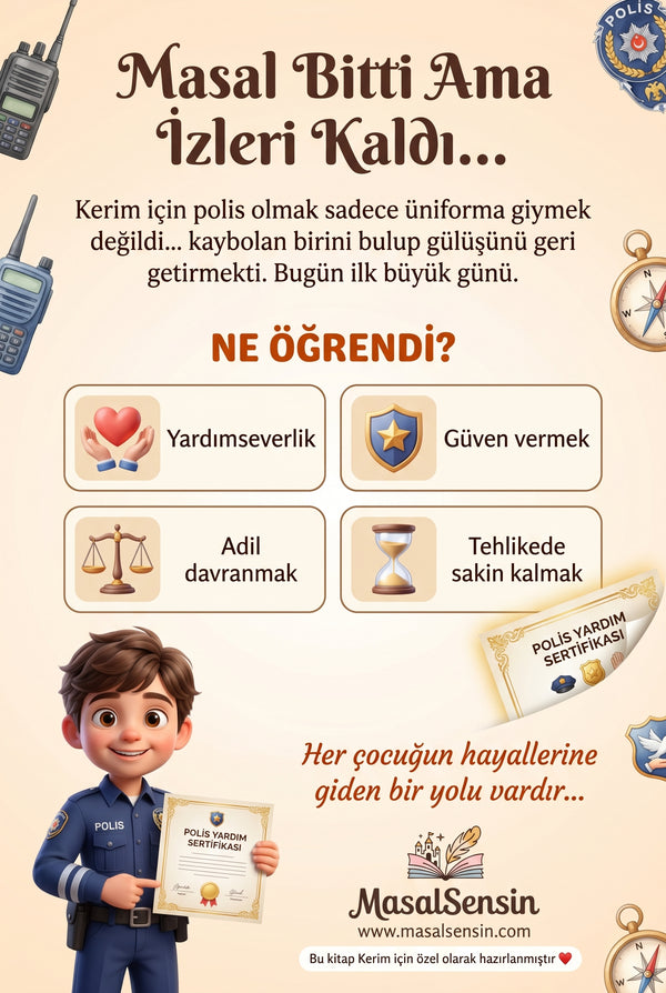 Polis Kerim isimli masal kitabının arka kapağı — yardımseverlik ve güven verme kazanımları özeti