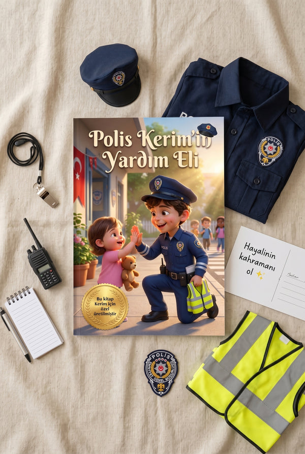 Kişiye özel meslek hikayesi kitabı ve oyuncak telsiz ile hazırlanmış estetik flatlay kompozisyonu