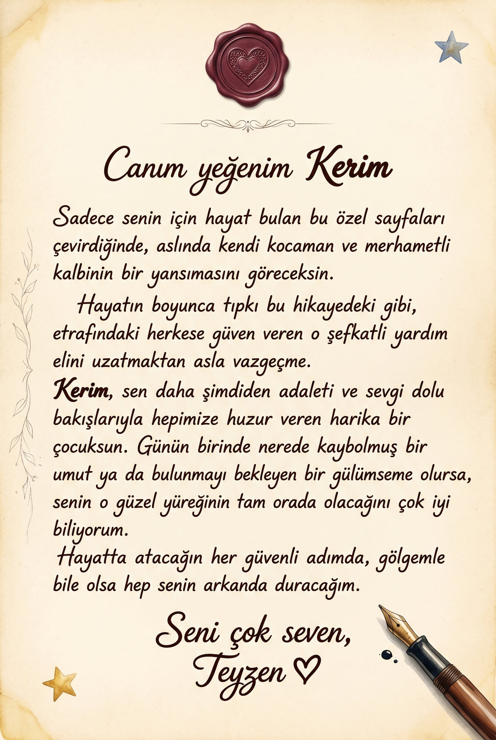 Kitabın girişindeki kişiye özel hediye notu sayfası — doğum günü için sevgi dolu bir mesaj detayı