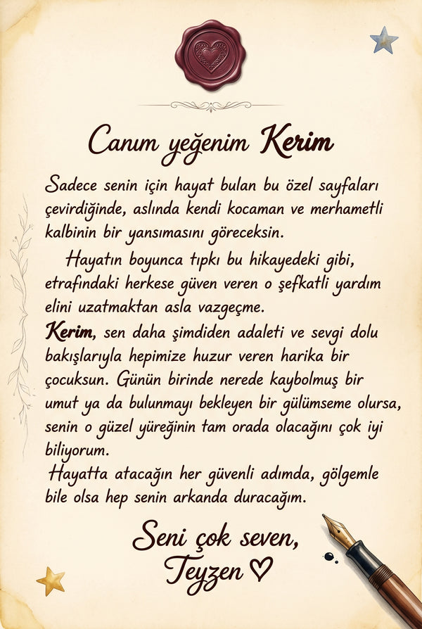 Kitabın girişindeki kişiye özel hediye notu sayfası — doğum günü için sevgi dolu bir mesaj detayı