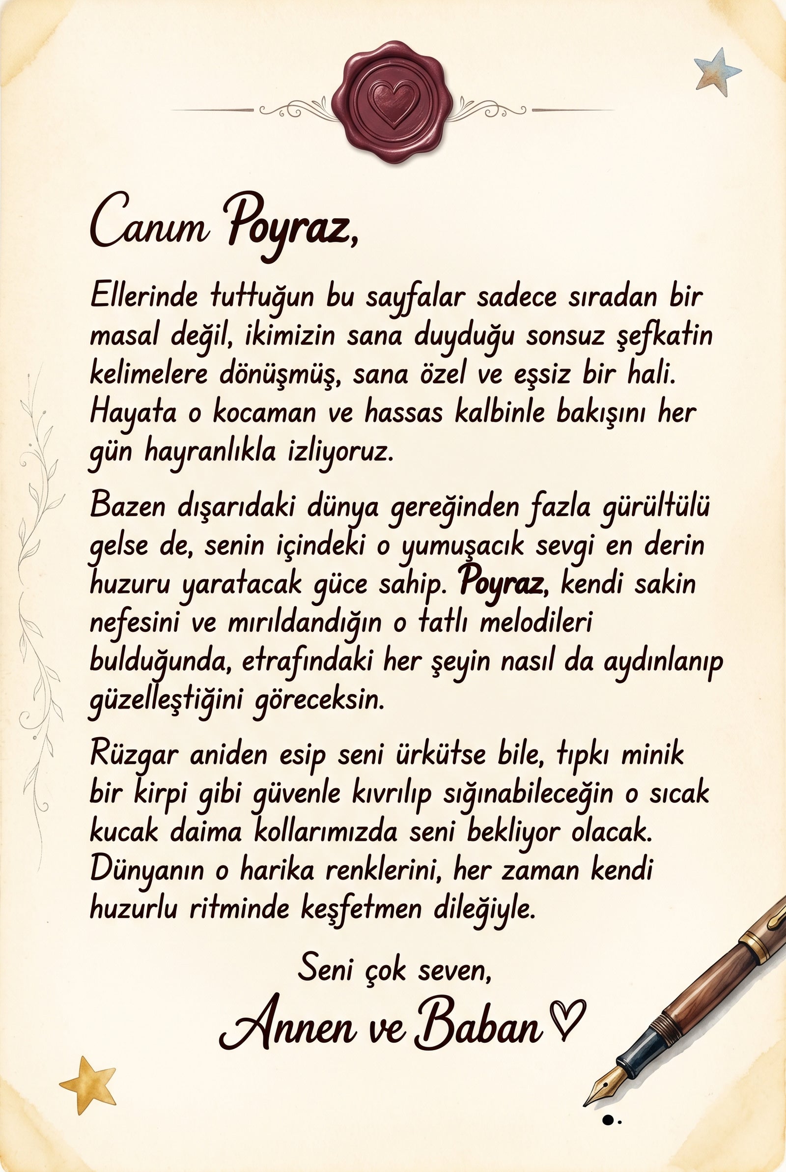 Poyraz için yazılmış duygu dolu kişiye özel hediye notu sayfası, ebeveyn mesajı