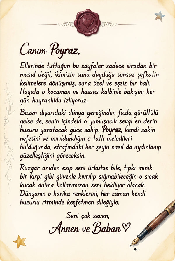 Poyraz için yazılmış duygu dolu kişiye özel hediye notu sayfası, ebeveyn mesajı