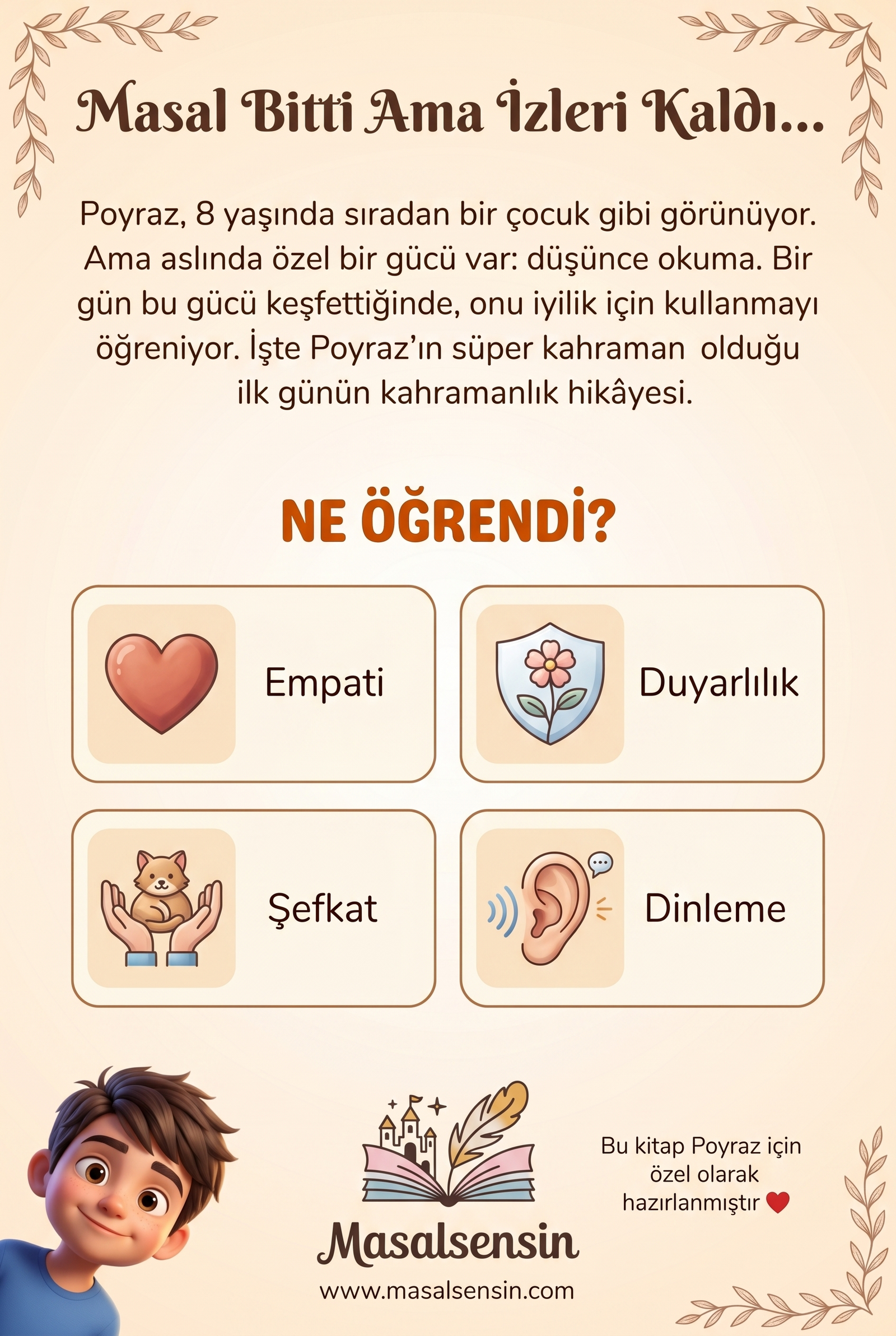 Poyraz isimli süper kahraman kitabının arka kapağı - empati ve duygusal gelişim kazanımları