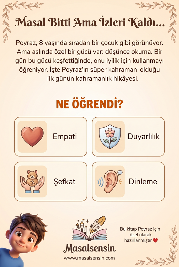 Poyraz isimli süper kahraman kitabının arka kapağı - empati ve duygusal gelişim kazanımları
