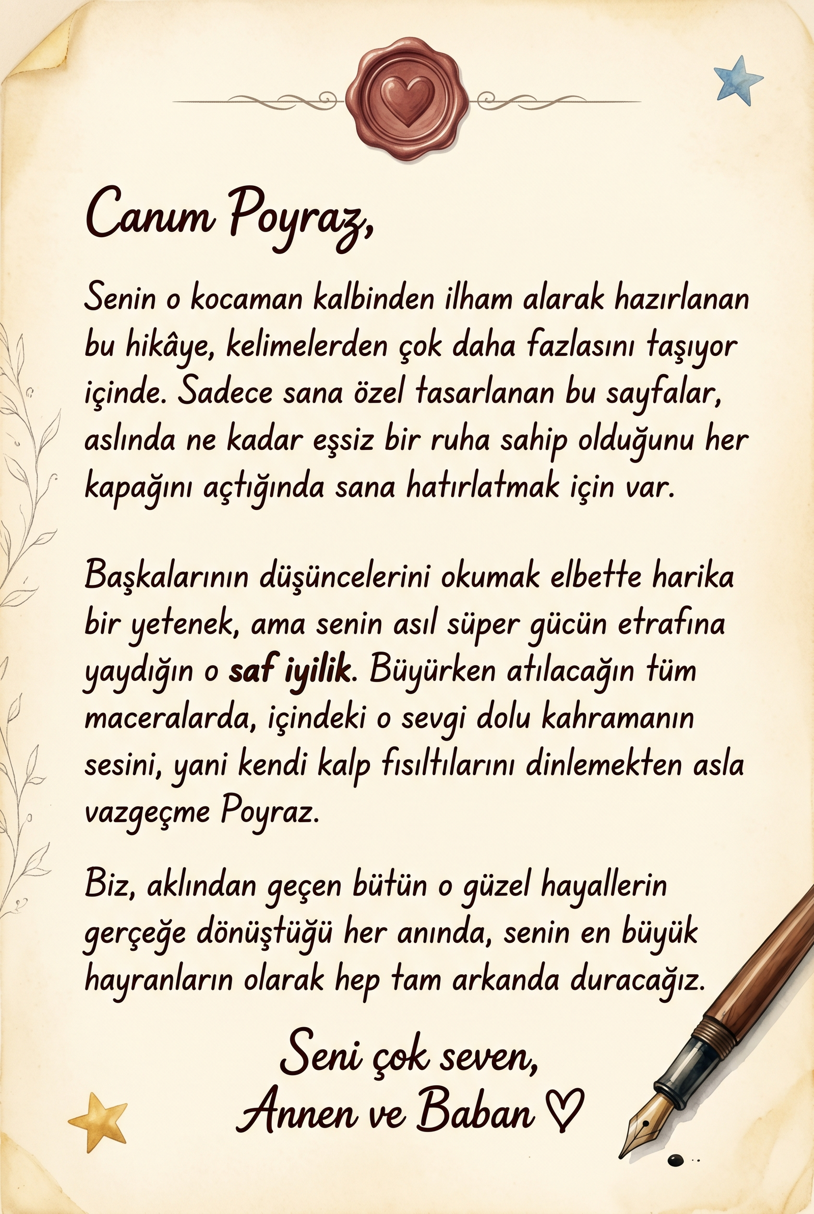 MasalSensin kitabının içinde Poyraz için yazılmış özel sevgi mesajı ve hediye notu sayfası
