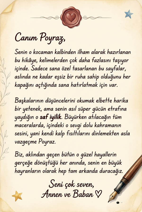 MasalSensin kitabının içinde Poyraz için yazılmış özel sevgi mesajı ve hediye notu sayfası