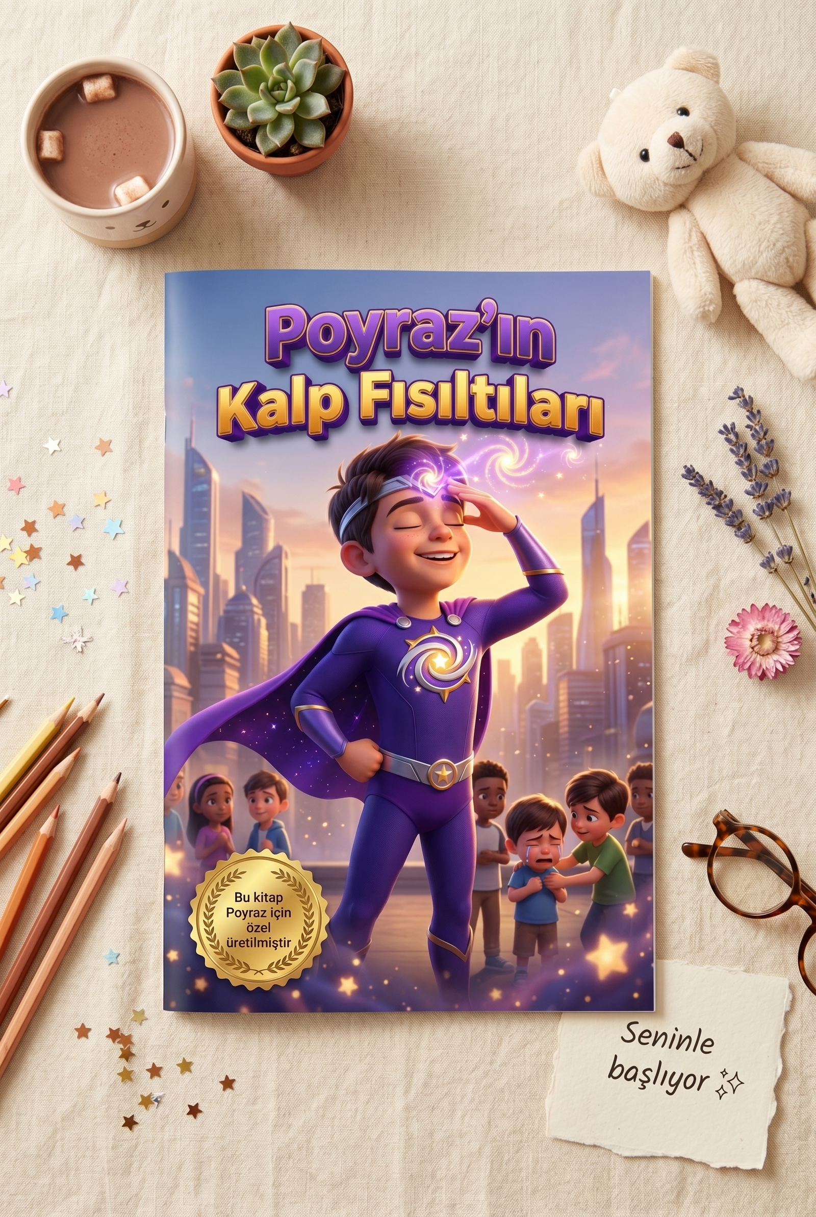 A4 boyutunda yumuşak kapaklı Poyraz'ın kişiselleştirilmiş hikaye kitabı ve oyuncakları masada