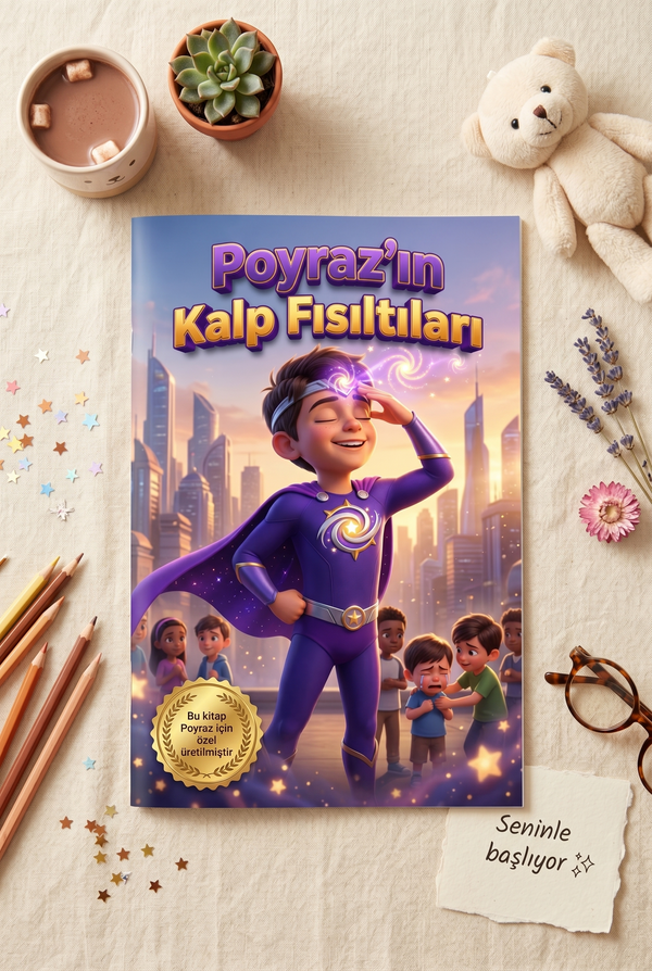 A4 boyutunda yumuşak kapaklı Poyraz'ın kişiselleştirilmiş hikaye kitabı ve oyuncakları masada