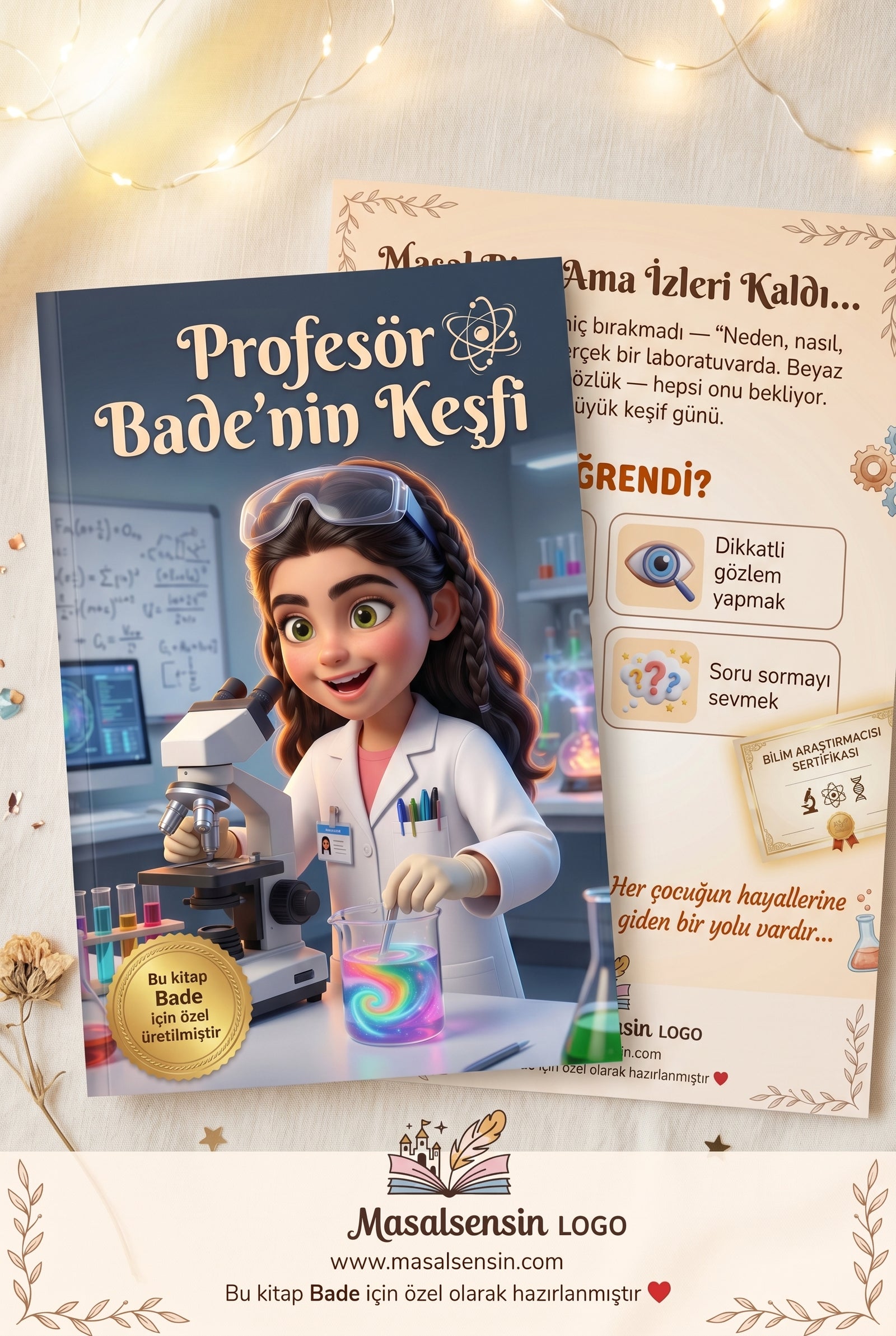 Profesör Bade'nin Keşfi eğitici çocuk kitabı ön ve arka kapak birlikte A4 boyutunda yüksek kaliteli parlak baskı görünümü