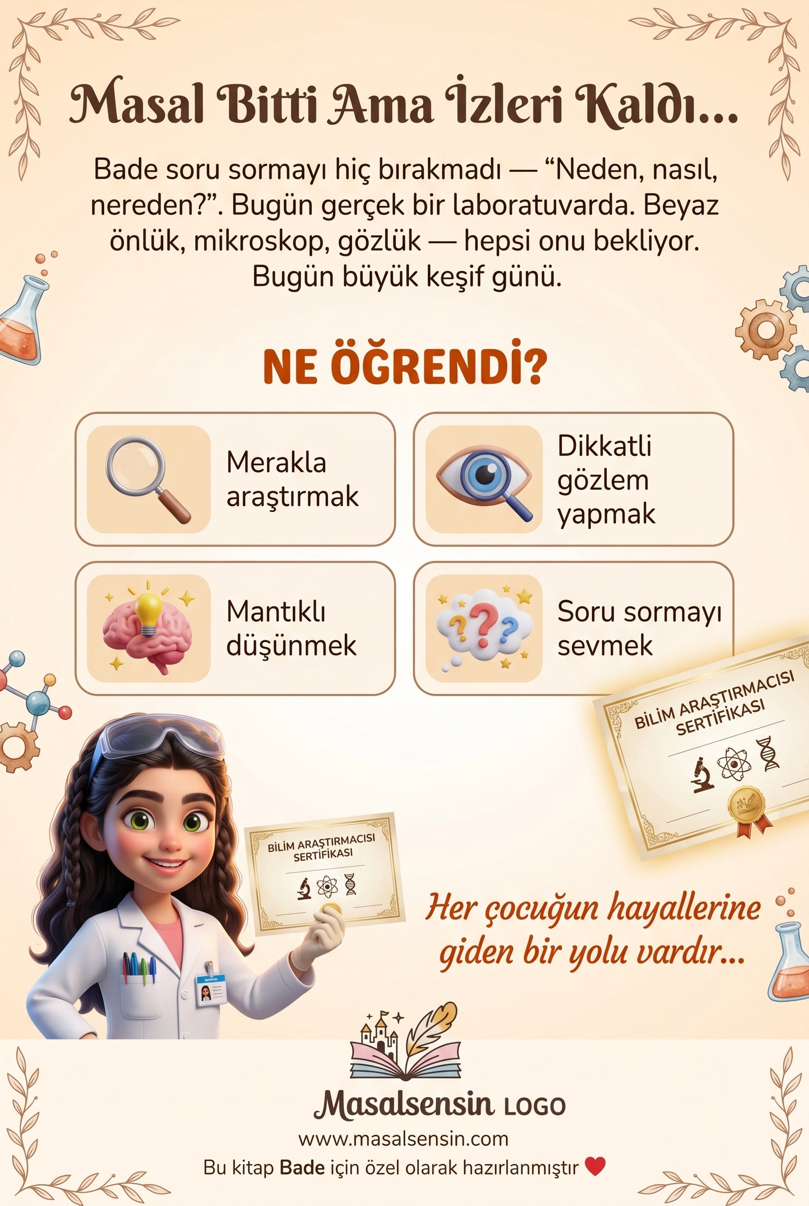 Bade'nin meslek hikayesi kitabı arka kapağı analitik düşünme ve merakla araştırma kazanımlarının yazdığı bölüm