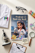Ahşap masa üzerinde Profesör Bade'nin Keşfi adlı adına özel kitap oyuncak mikroskop ve laboratuvar gözlükleri ile birlikte