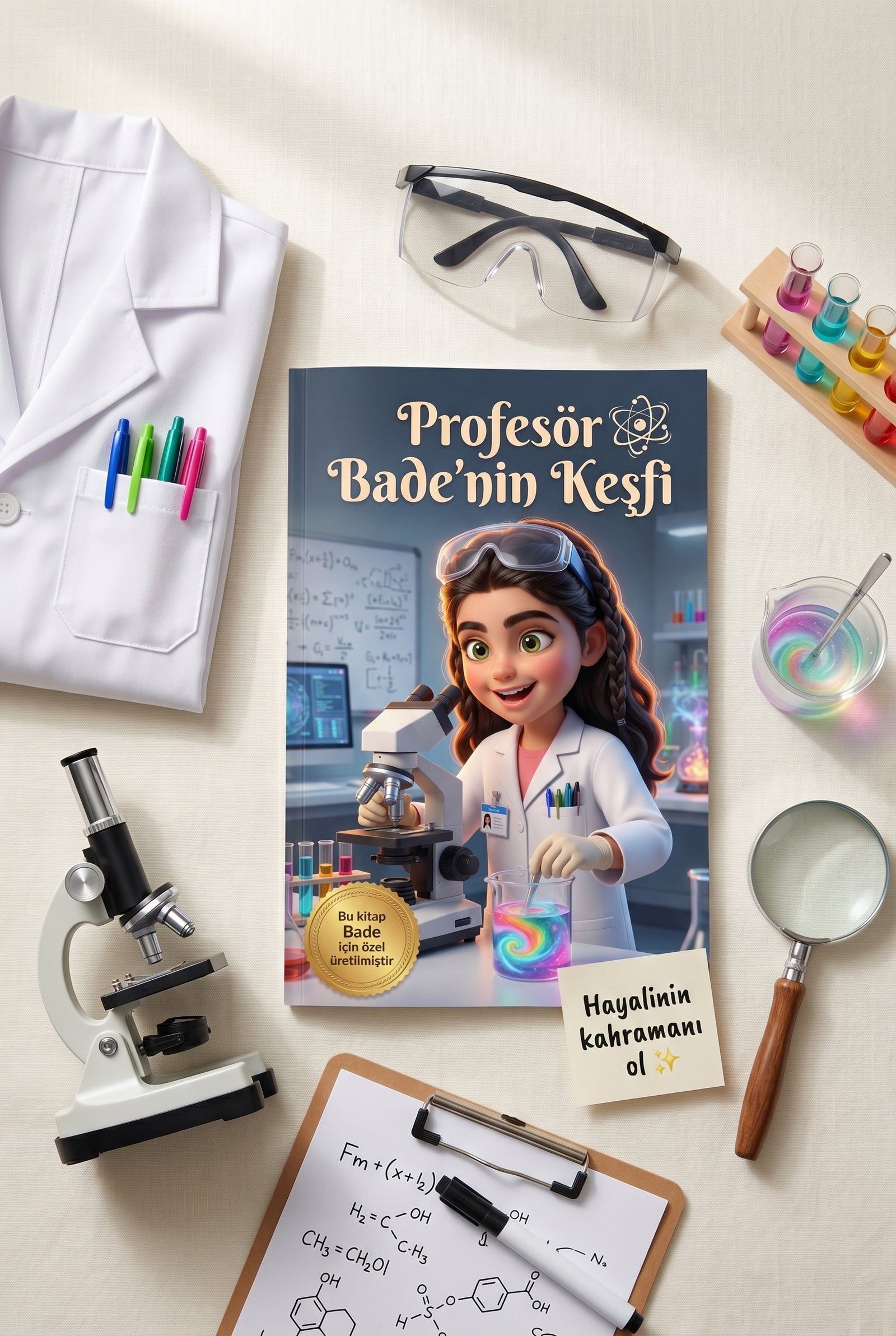 Ahşap masa üzerinde Profesör Bade'nin Keşfi adlı adına özel kitap oyuncak mikroskop ve laboratuvar gözlükleri ile birlikte