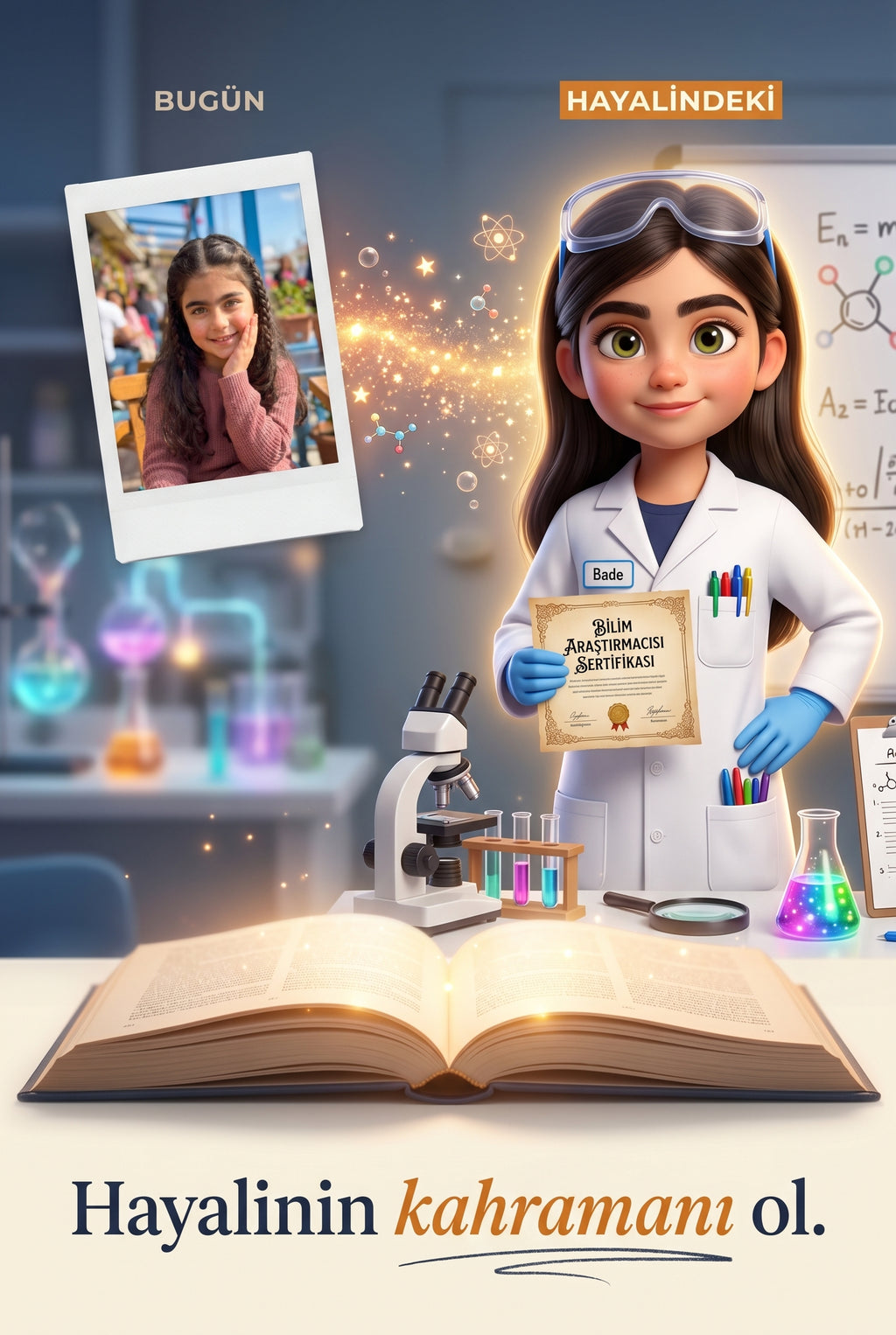 Sıradan bir çocuk fotoğrafının uzman çizerlerle Pixar kalitesinde kişiselleştirilmiş 3D bilim insanı karakterine dönüşümü